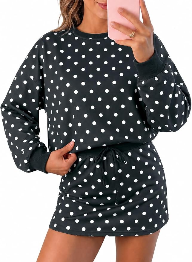 Wenrine Womens Polka Dot 2 Piece Skirt Sets Drawstring Skorts Workout Set | Long Sleeve Sweatshir... | Amazon (US)