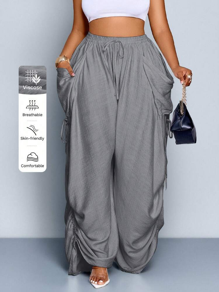 SOLERSUN Plus Size Women Solid Color Casual Loose Pocket Drawstring Pants | SHEIN | SHEIN
