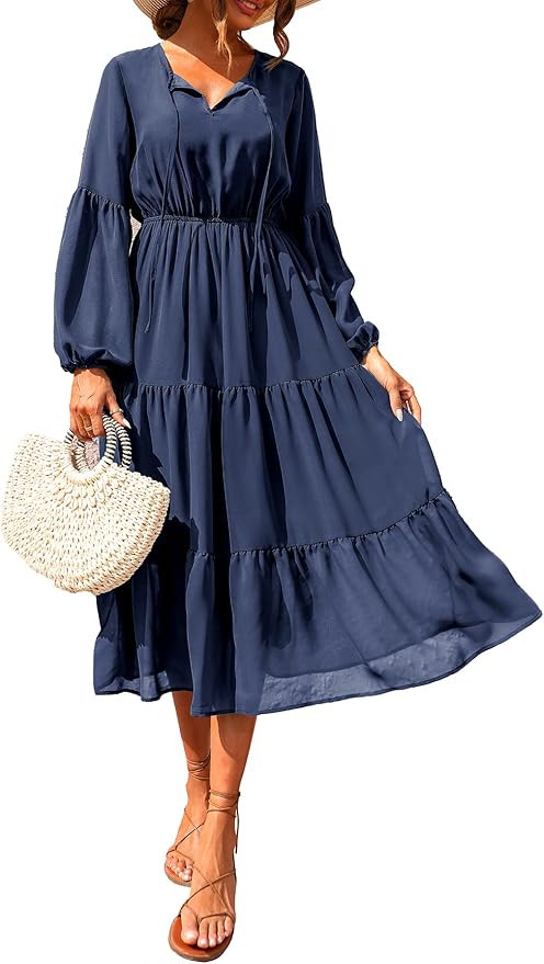 BTFBM Women V Neck Fall Dresses Casual Long Sleeve Tie Neck Solid Color High Waist Pleated Flowy ... | Amazon (US)