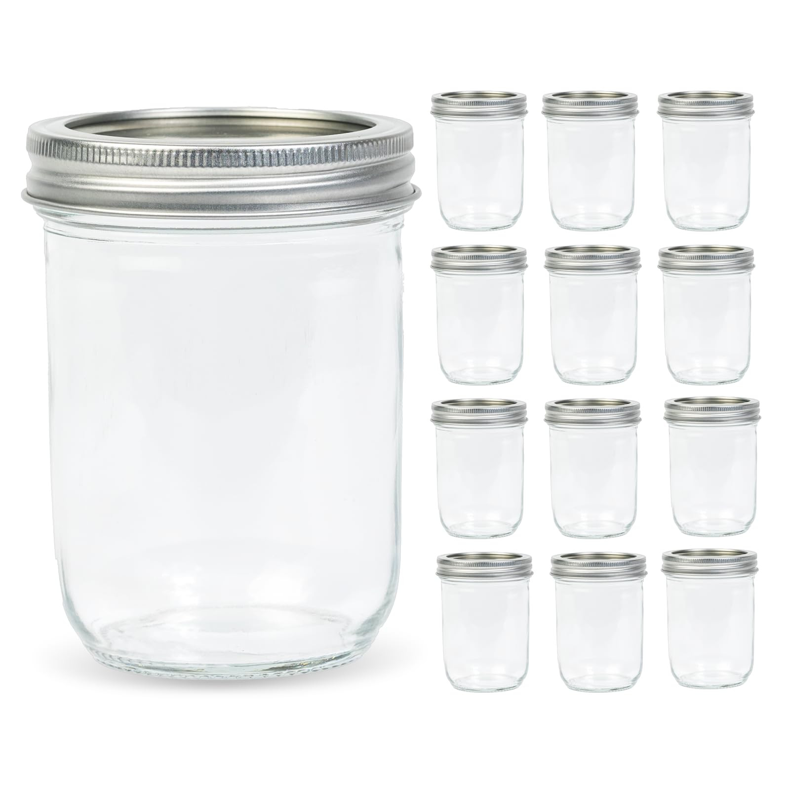 12 Pack 16 oz Wide Mouth Clear Mason Jars with Silver Metal Lids, Canning Jars for Overnight Oats... | Amazon (US)