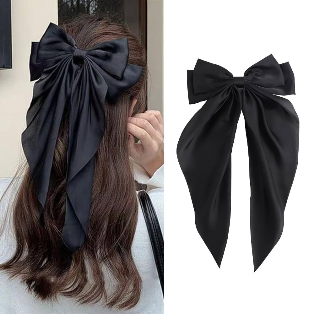 Silky Satin Oversized Long-tail Bow Clip, Large Black Hair Bow for Women Girl, Hair Accessories w... | Amazon (US)
