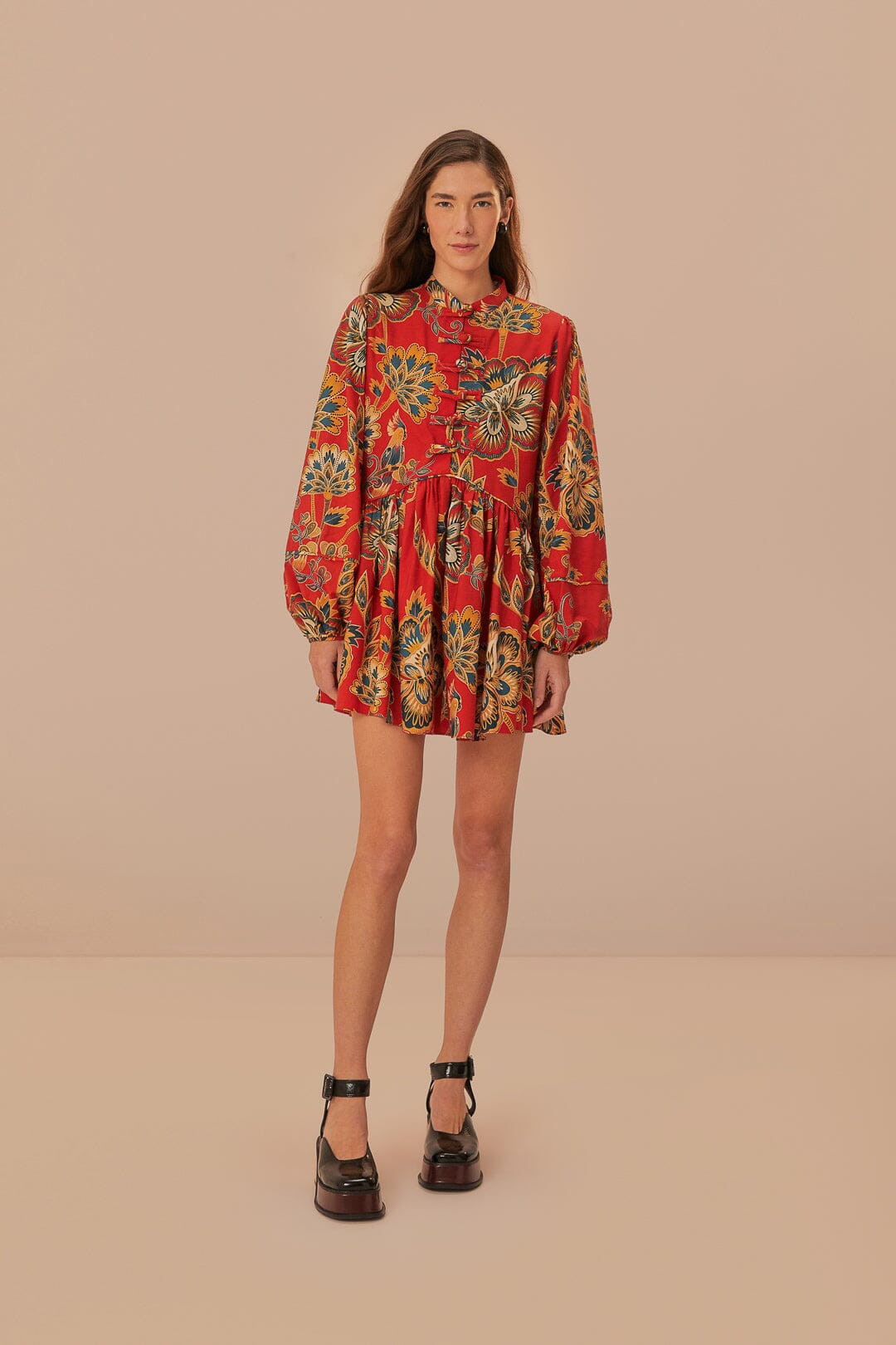 Red Maxi Floral Long Sleeve Mini Dress | FarmRio (US)