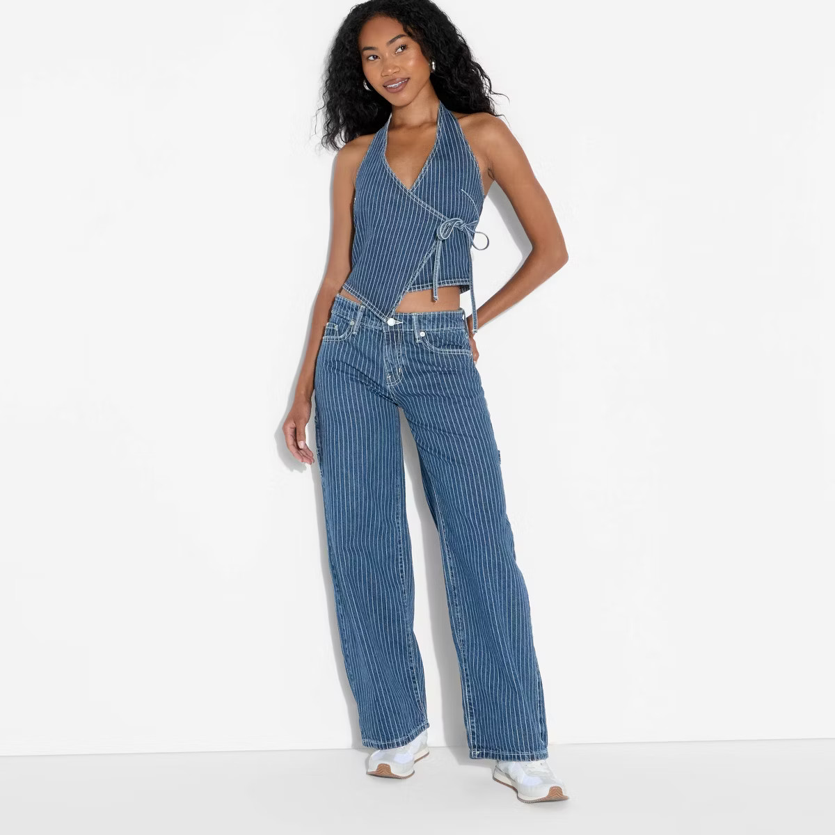 Women's Denim Wrap Halter Top - Wild Fable™ Blue Stripe XS | Target