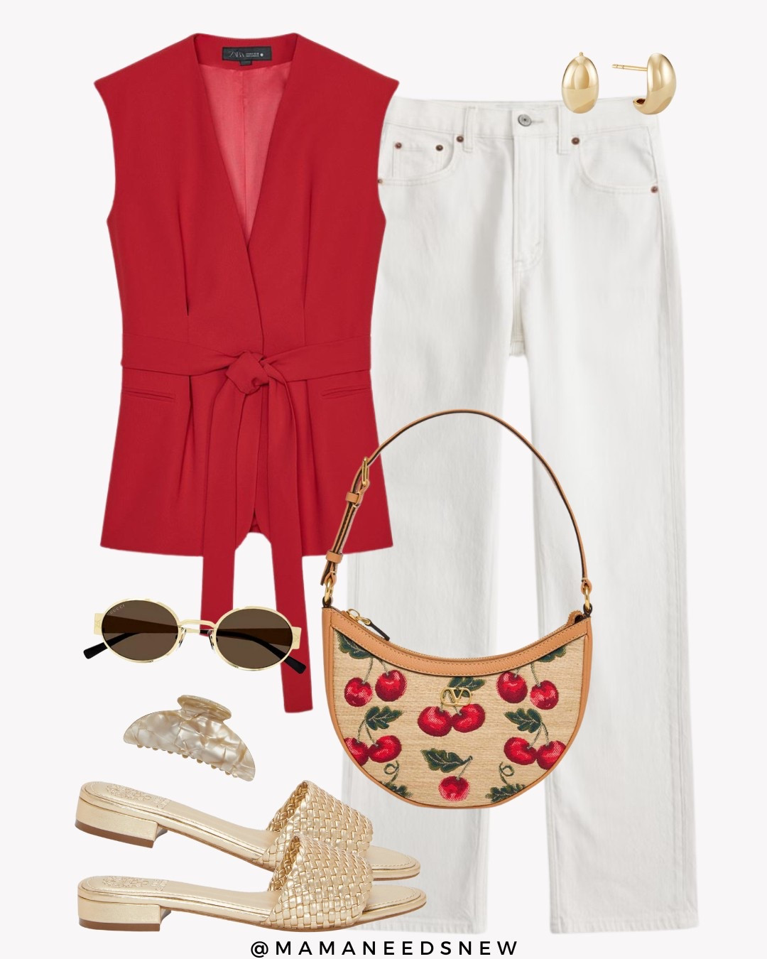 A spring / summer outfit with a belted red  vest, cream jeans, gold slides, cherry print shoulder bag ❤️

#LTKItBag #LTKSaleAlert #LTKStyleTip