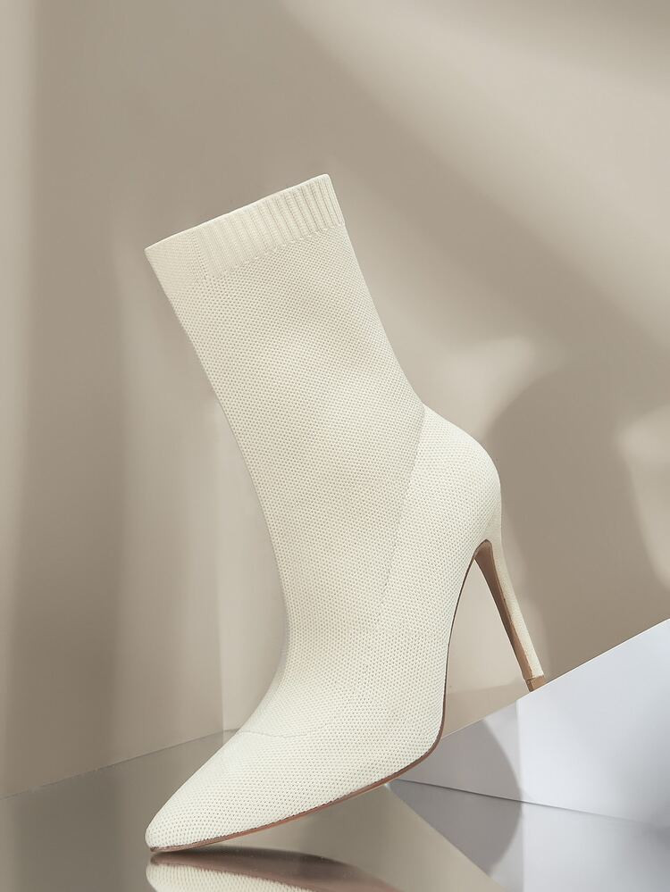 Cuccoo Knit Detail Point Toe Stiletto Heeled Sock Boots | SHEIN
