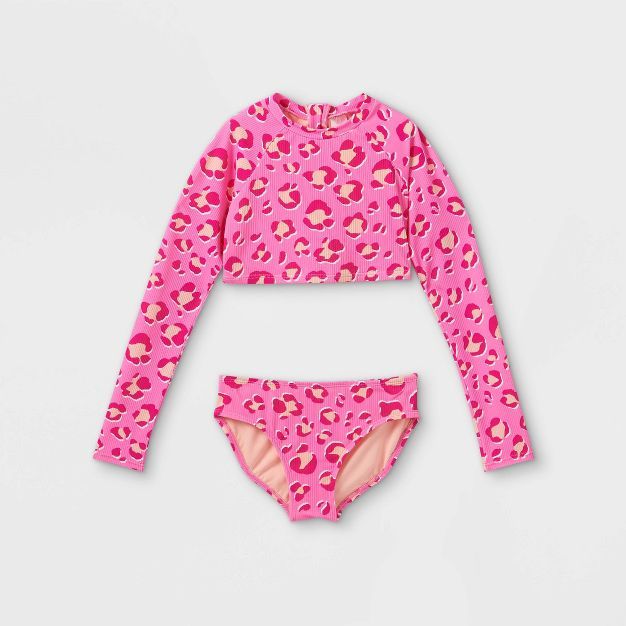 Girls' Leopard Print Long Sleeve Cropped 2pc Bikini Set - Cat & Jack™ Pink | Target
