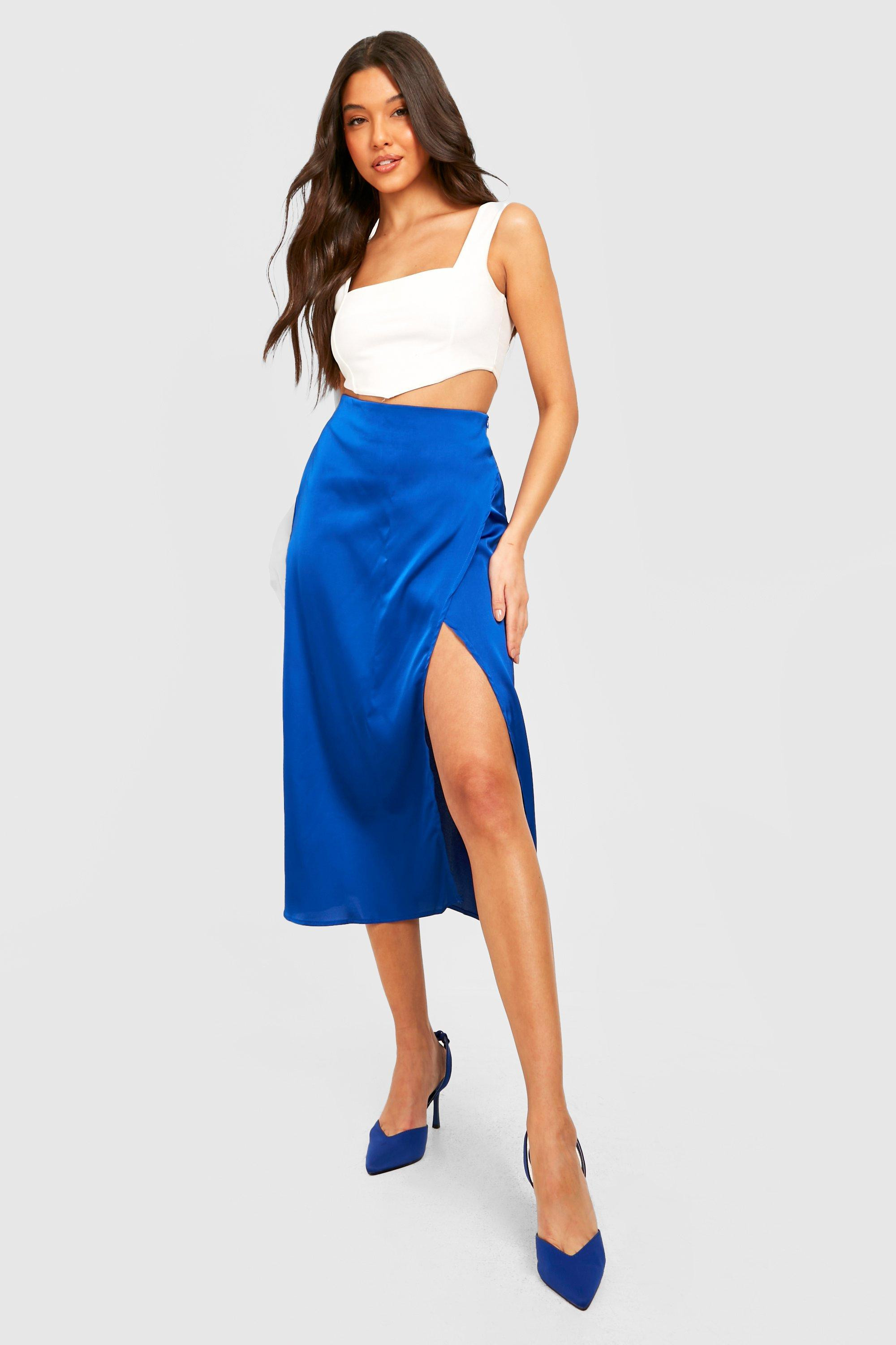 Womens Satin Wrap Midi Skirt - Blue - 2 | Boohoo.com (US & CA)