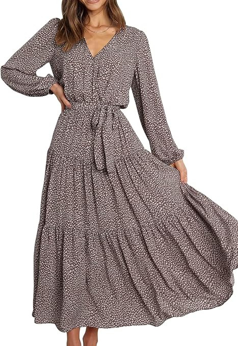 PRETTYGARDEN Women’s Long Sleeve V Neck Leopard Print Ruffle Tiered Maxi Dress Tie Waist Boho C... | Amazon (US)