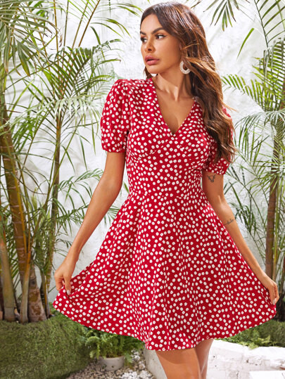 Puff Sleeve Ditsy Floral A-line Dress | SHEIN