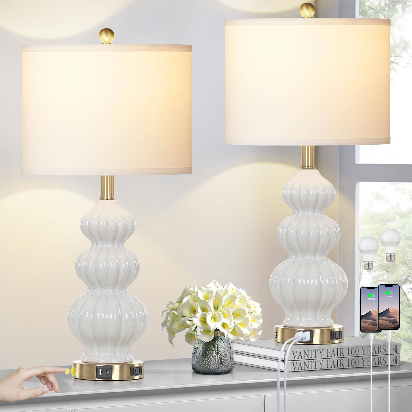 Triple Gourd Ceramic Table Lamps Set of 2, Modern White Bedside Lamps with USB A+C Ports & AC Out... | Amazon (US)