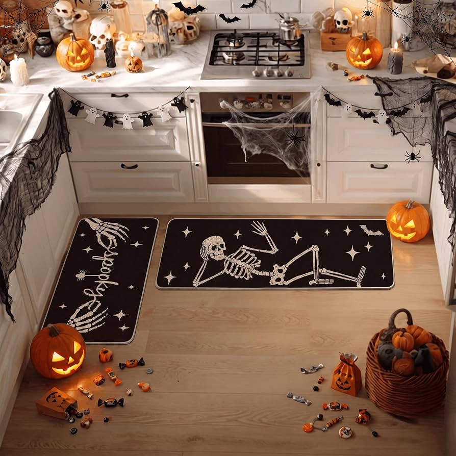 Artoid Mode Spooky Skeleton Spider Bone Black Halloween Kitchen Mats Set of 2, Black Home Decor L... | Amazon (US)