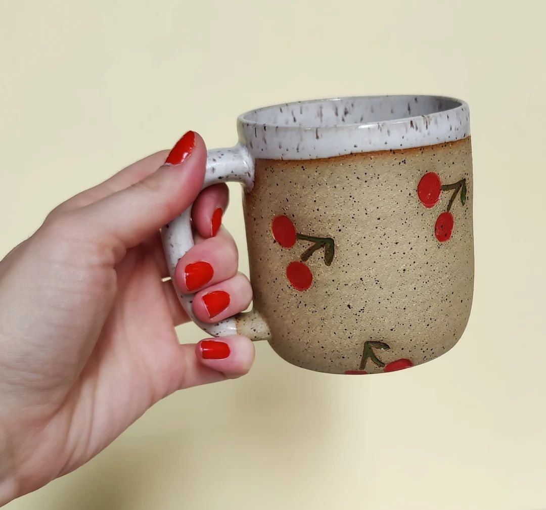 Handmade Ceramic Mug in Cherry Stamp // Cherry Mug - Etsy | Etsy (US)