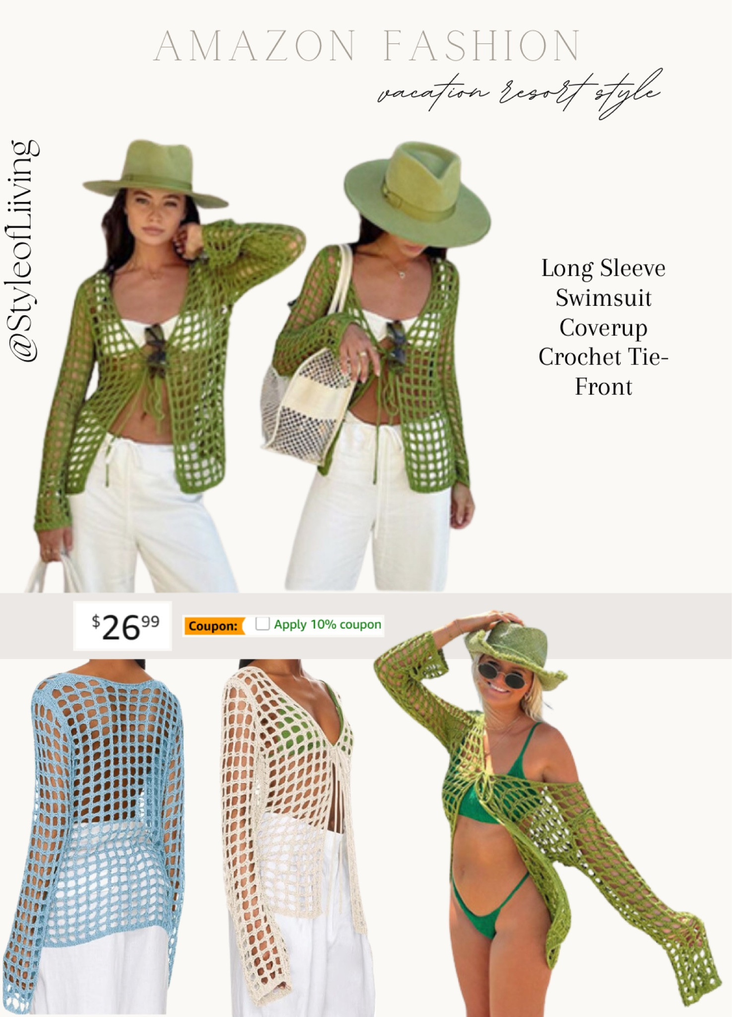 Beach coverup tie-front crochet swimsuit long sleeve cover ups. 10% coupon available. Travel vacation resort style. Amazon fashion.

#LTKSeasonal #LTKsalealert #LTKstyletip