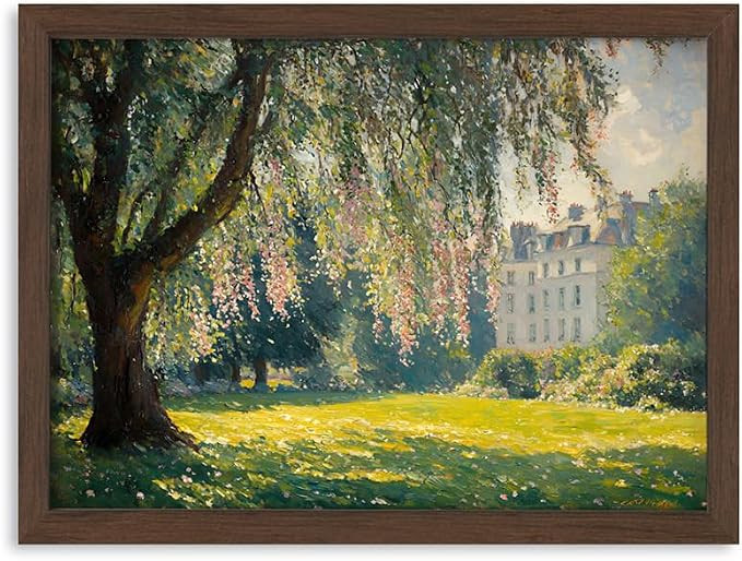 Framed Landscape Wall Art Print – Vintage Impressionist Style Canvas with Tree, Flowers, and Fr... | Amazon (US)