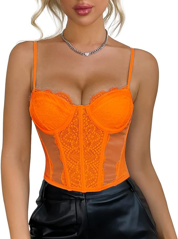 Women's Lace Mesh Bustier Fish Boned Sheer Spaghetti Straps Going Out Corset Crop Top with Underw... | Amazon (US)