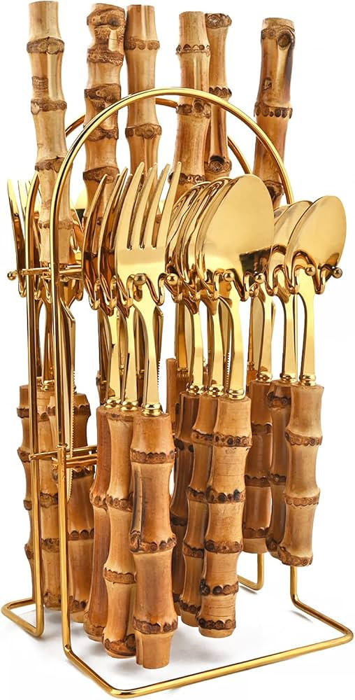 24-Piece Gold Stainless Steel Flatware Set, Bamboo Handle Cutlery with Stand Dinnerware Set Inclu... | Amazon (US)