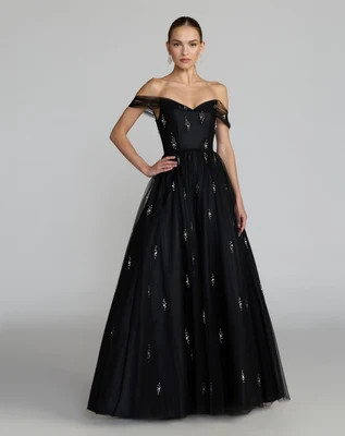 Black Pearl Embellished Off The Shoulder Ball Gown | Mac Duggal