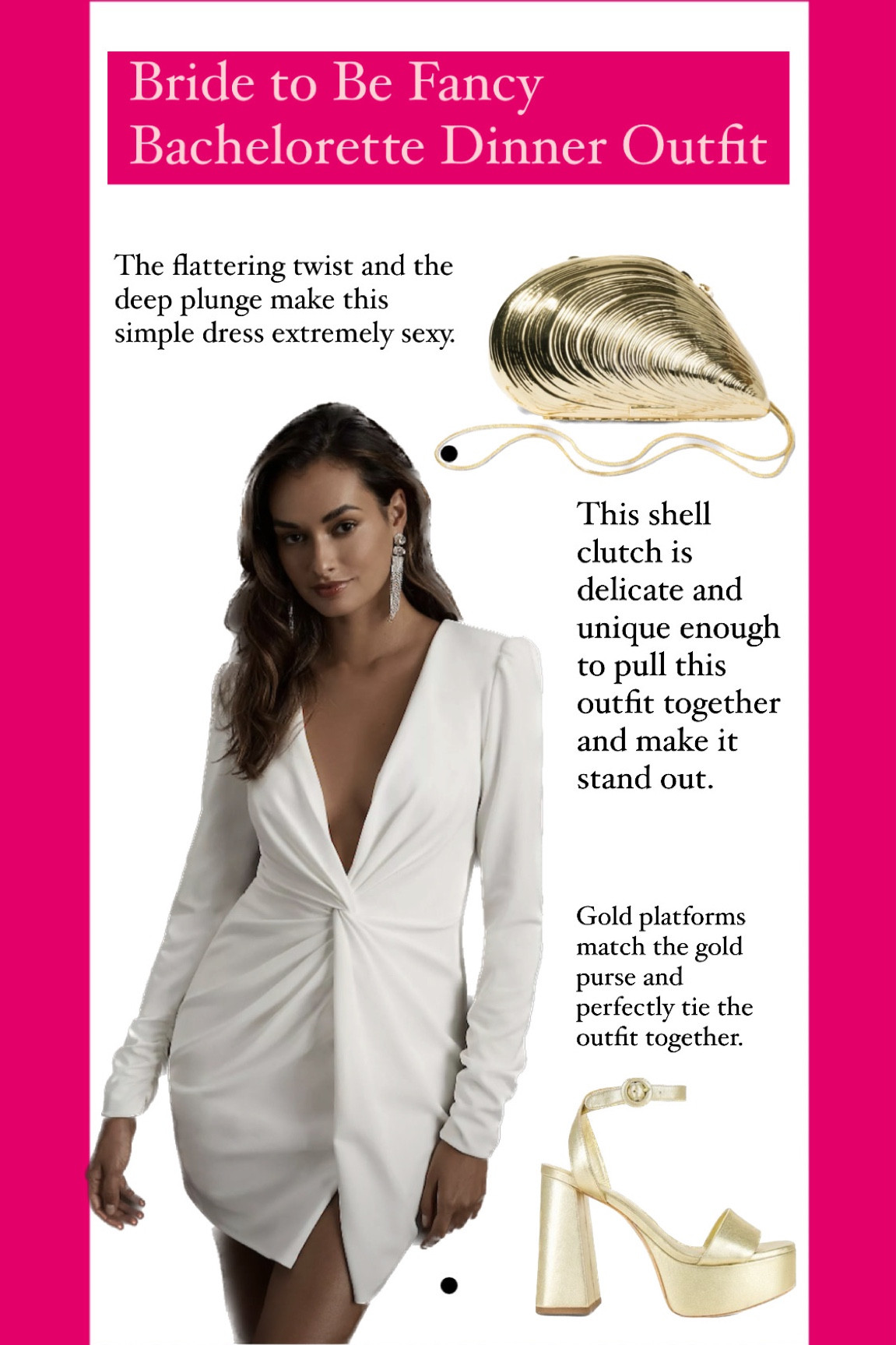 The deep plunge and classic twist, make this simple dress extremely sexy. Pair with the seashell clutch and matching gold pumps for stunning yet simple look.

Follow me on Instagram to see me plan my wedding and put together more outfits.

#LTKparties #LTKwedding #LTKstyletip