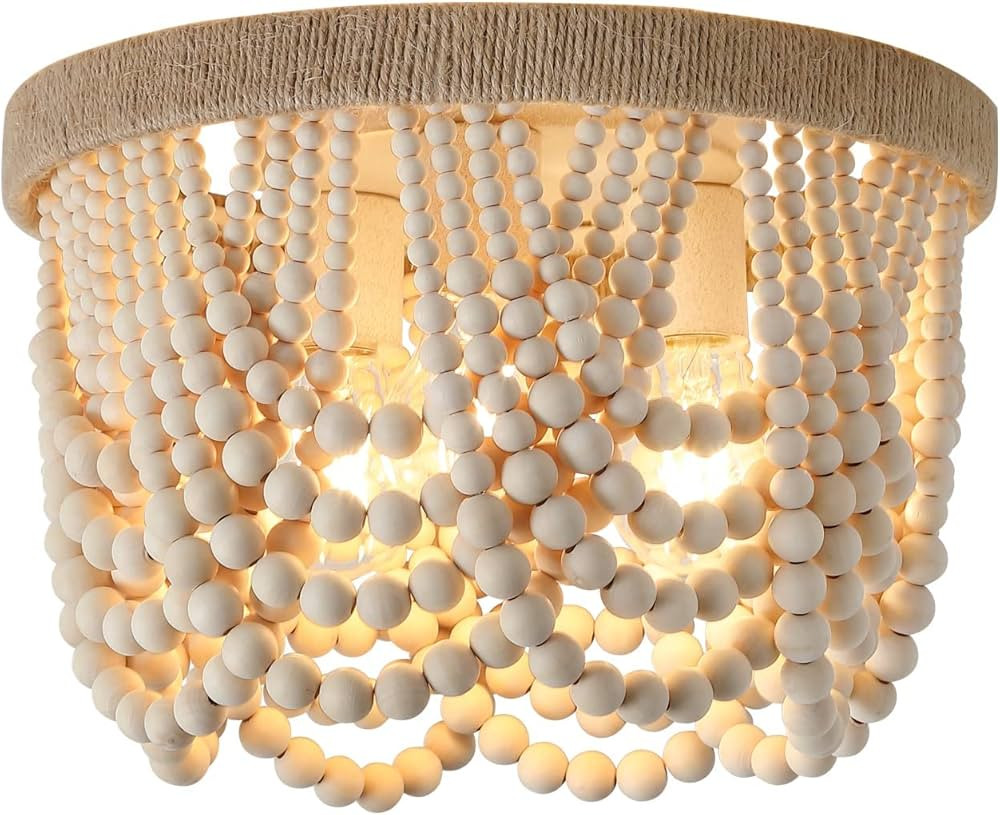 AMZASA Wood Beaded Flush Mount Ceiling Light Farmhouse Rustic Small Boho Chandelier Light Fixture... | Amazon (US)
