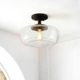 Marfa 14 in. Oil Rubbed Bronze Glass/Iron Farmhouse Modern LED Flush Mount | The Home Depot