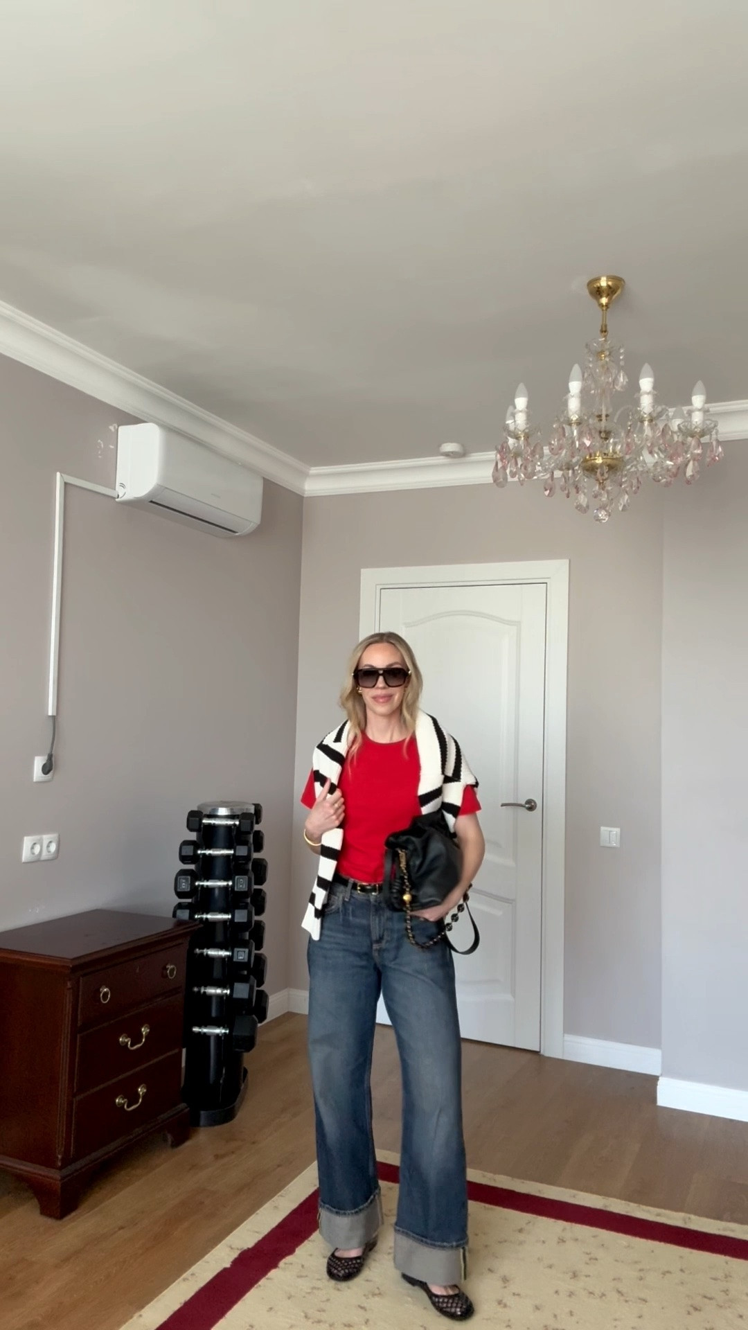 Casual spring outfit, red t-shirt, baggy cuffed jeans, bright red, jelly shoes, Loewe Flamenco handbag

#LTKSeasonal #LTKOver40 #LTKgrwm