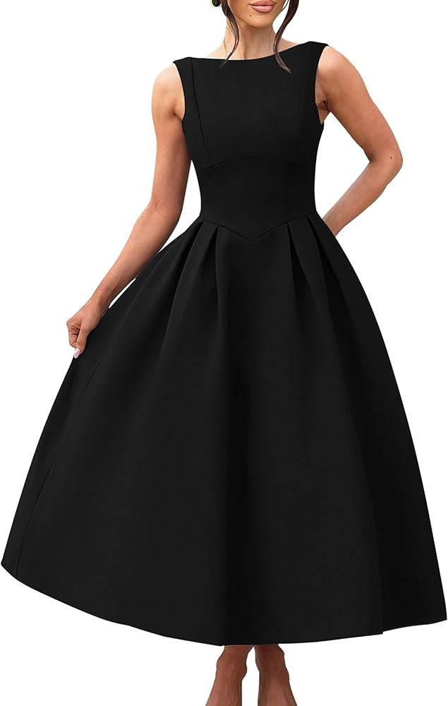 YMDUCH Women's Elegant Sleeveless Crew Neck Backless Swing A Line Evening Party Long Dress | Amazon (US)