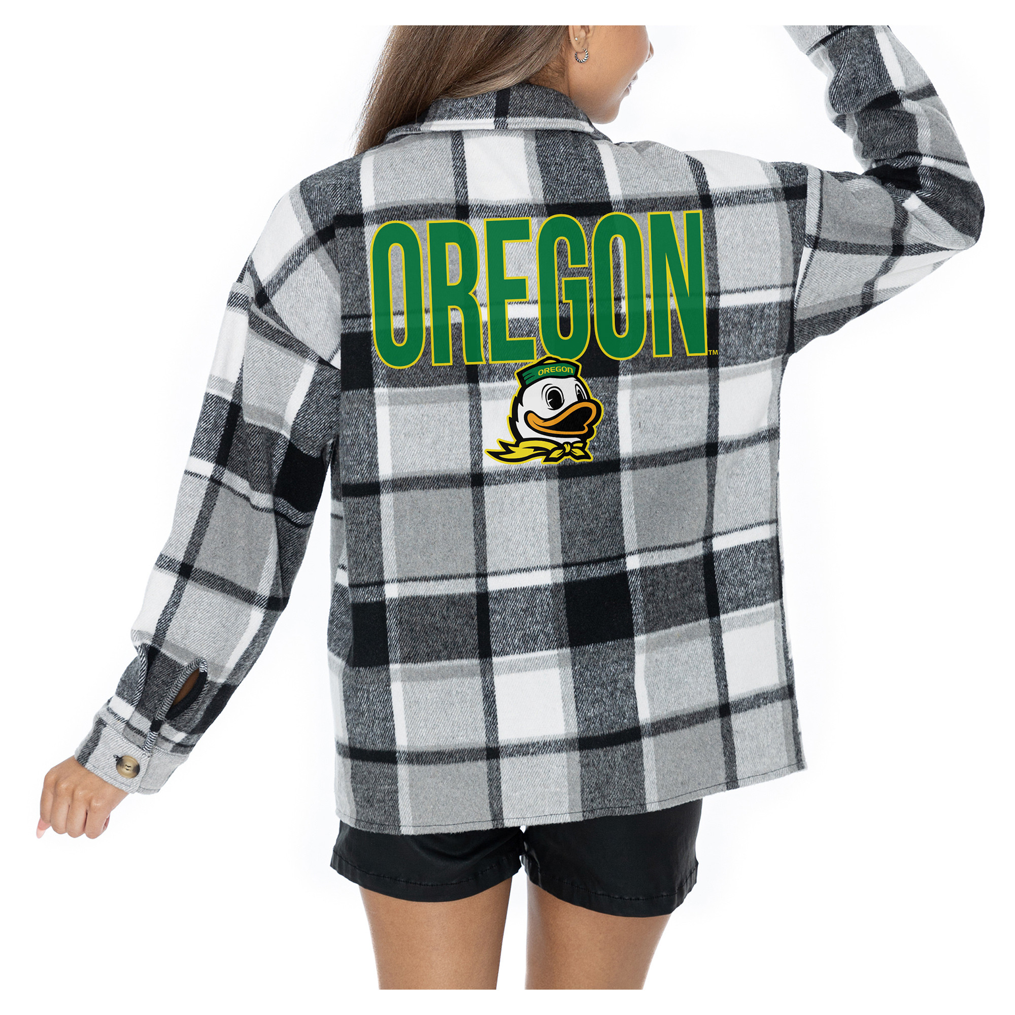 Women's Gameday Couture Grey Oregon Ducks Long Sleeve Brushed Plaid Button-Up Overshirt Jacket | Fanatics