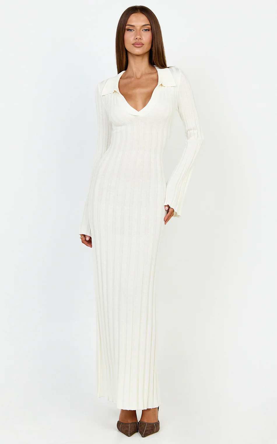 Ribbed Knit Poli Midi Dress in Off White | Showpo (ANZ)