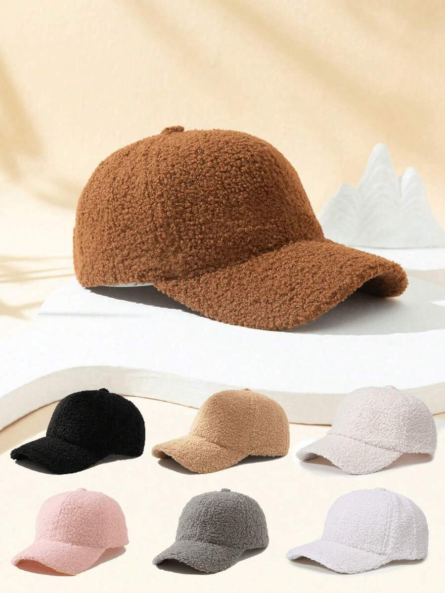 1pc Women Teddy Plush Solid Baseball Cap, Adjustable Outdoor Sun Protection Casual Hat, Suitable ... | SHEIN