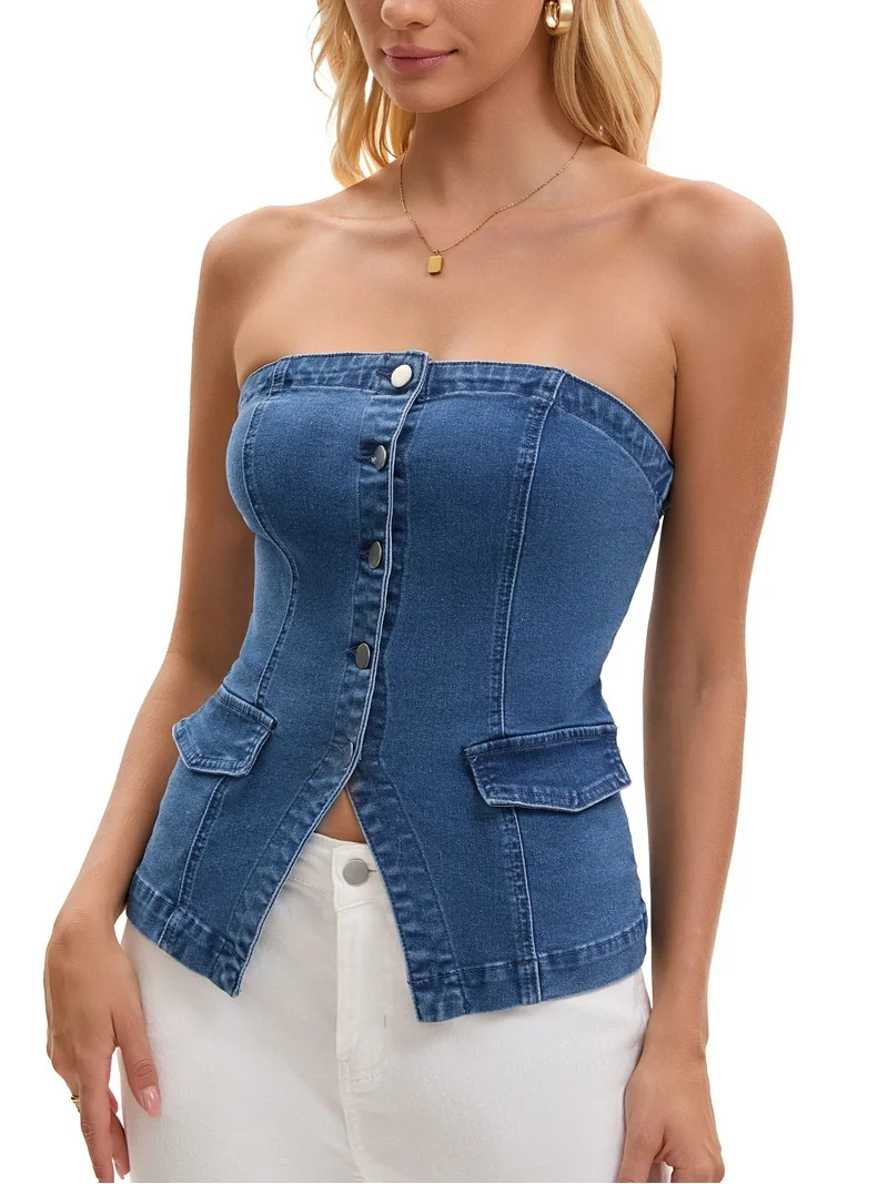 Women's Denim Tube Tops Button Front Elastic Back Crop Strapless Bandeau Top 2XL Blue | Walmart (US)