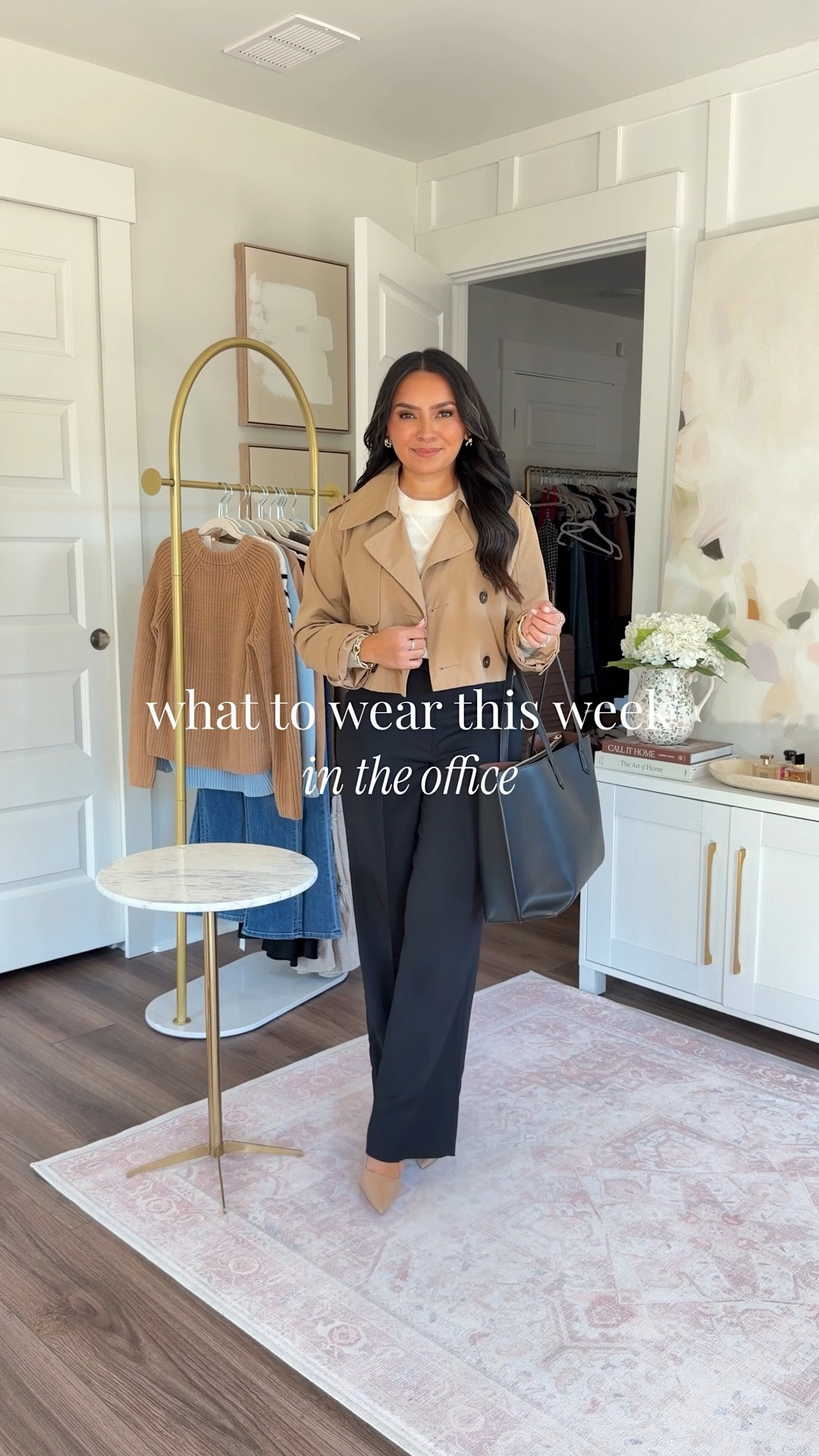 Workwear office outfits - petite friendly! For reference: I’m 5’0, 32b bra size, and 2/26 in bottoms, pear shaped. *Everything I share is unaltered! TTS means true to size. Between size 5-6.5 in shoes 

Blue striped button down size 0 regular TTS Navy night sky cardigan size xs petite TTS Tan belt size small TTS Navy night sky pants size 2 petite TTS Tan desert sand heels size 5 TTS 

Cropped trench coat jacket size xxs regular TTS Ivory cashmere sweatshirt size xs TTS Black pants size 2 petite TTS Tan desert sand heels size 5 TTS 

Green cropped cardigan size xs TTS - exact color in this cardigan is currently sold but I linked another cardigan in the same color, check back for restocks! 

Green moss striped button down size xxs regular TTS Tan pants size 2 petite TTS Tan desert sand heels size 5 TTS Ivory cropped cardigan size xs TTS Ivory cashmere sweatshirt size xs TTS Black ankle pants size 2 petite TTS 

Black loafers size 5 TTS Navy cashmere sweatshirt size xs TTS Navy blazer is old from Ann Taylor - linked a similar option Jeans size 26 petite TTS - petite is labeled as Lil in this brand Tan desert sand heels size 5 TTS 

 #LTKootd