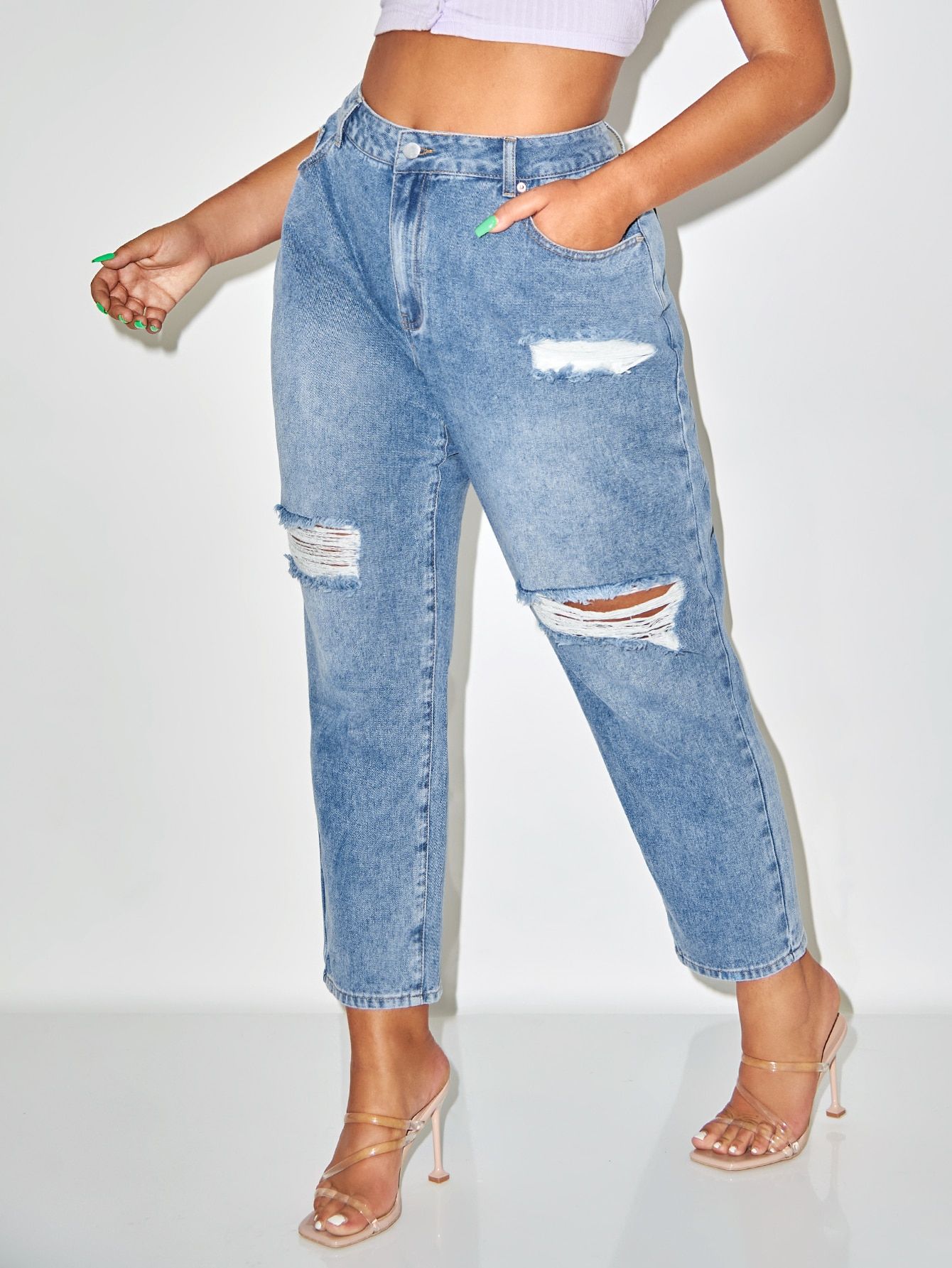 RECYCLED DENIM Plus High Waist Ripped Mom Cropped Jeans | SHEIN