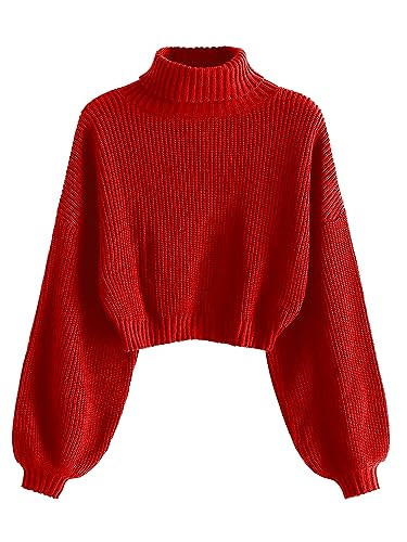 ZAFUL Women's Cropped Turtleneck Sweater Lantern Sleeve Ribbed Knit Pullover Sweater Jumper (2-Bright Red, L) | Amazon (US)