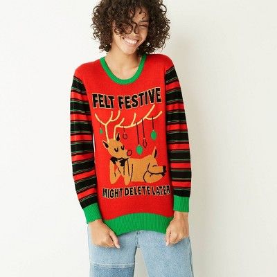 Women's Striped Reindeer Felt Festive Might Delete Later Holiday Pullover Sweater - Red | Target