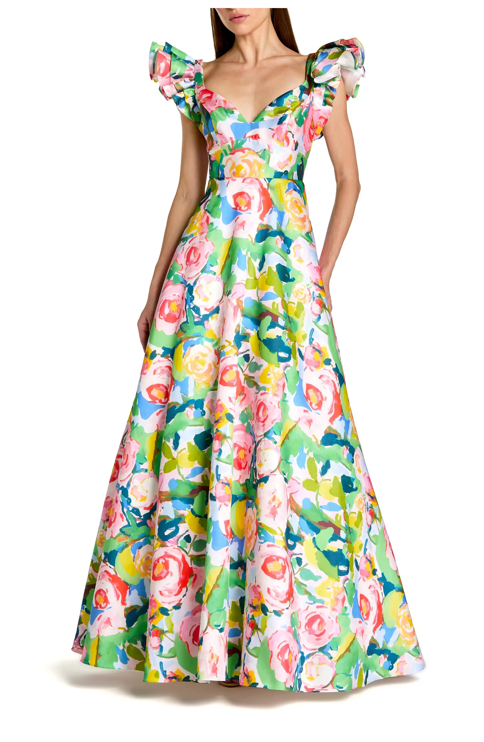 Mac Duggal Printed Mikado Ruffle Sleeve V Neck Ballgown | Nordstrom | Nordstrom