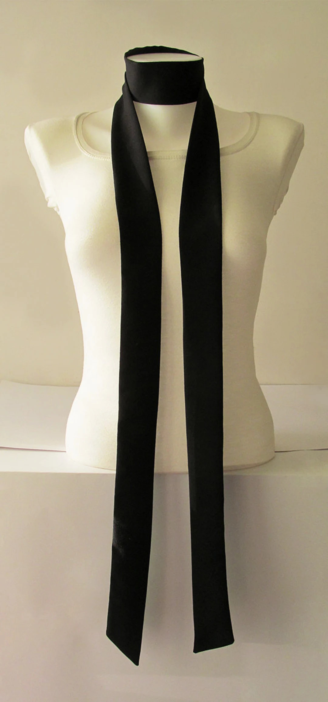 Black Skinny Scarf, 80"x2", Long Thin Scarf with Angled Ends, Crepe Choker Scarf, Bow Tie, Narrow... | Etsy (US)