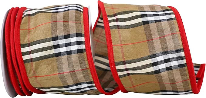 Reliant Ribbon Burbank Plaid Border Wired Edge Ribbon, 4 Inch X 10 Yards, Brown | Amazon (US)