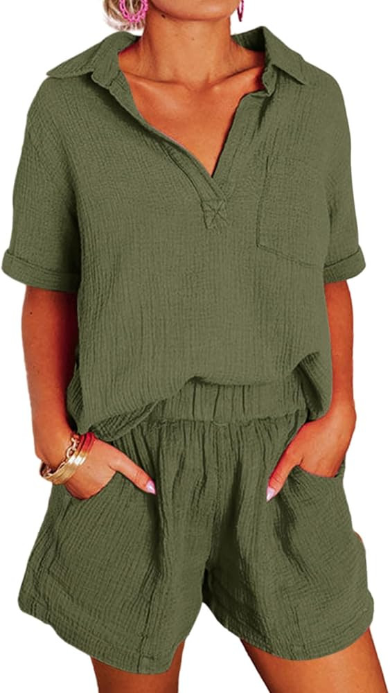 Dokotoo Women's Two Piece Outfits V Neck Short Sleeve Shirts and High Waist Shorts Lounge Sets | Amazon (US)