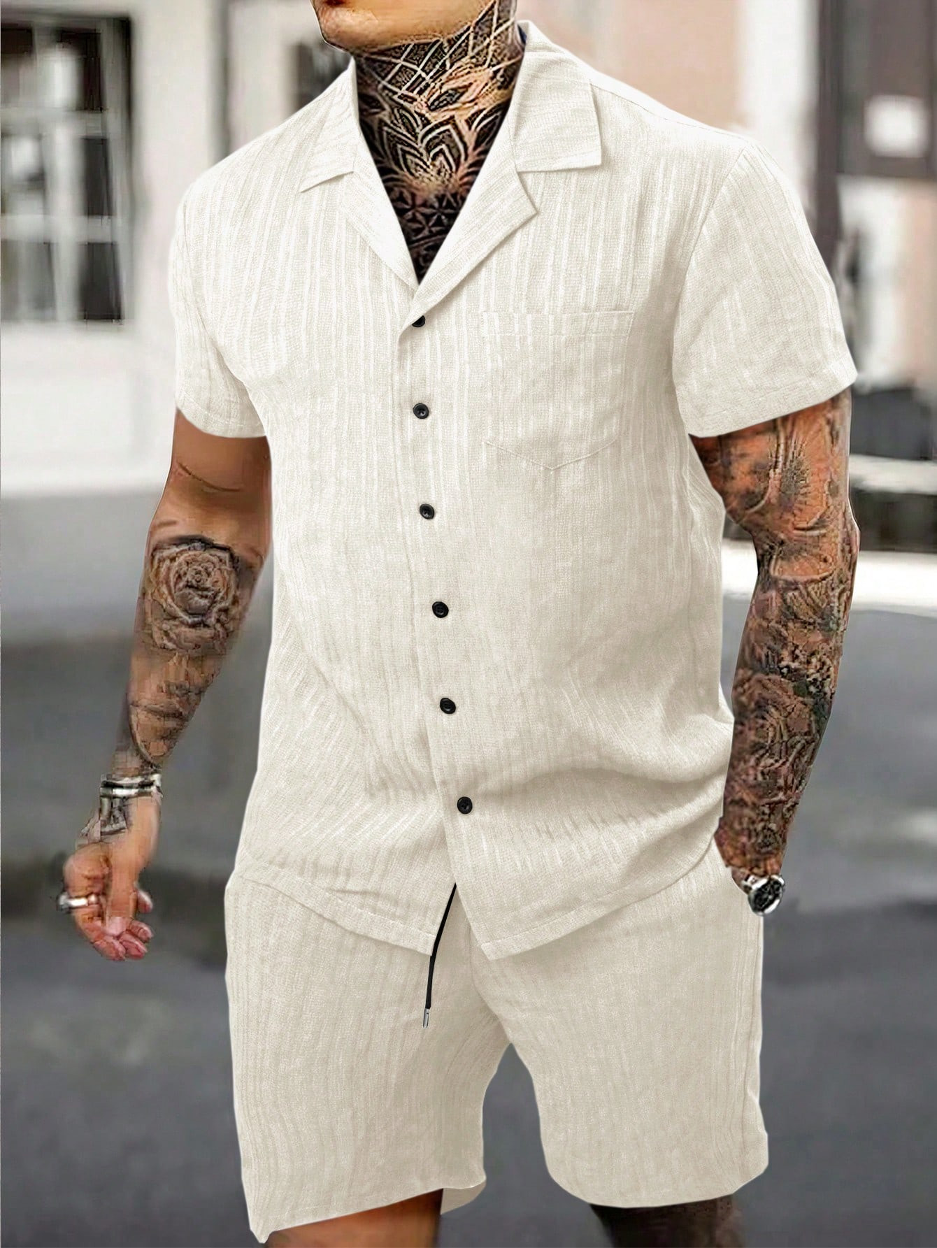 Manfinity Homme Men Solid Button Up Shirt & Shorts | SHEIN