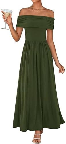 KIRUNDO Off The Shoulder Maxi Dress for Women 2026 Spring Summer Ruched Pleated Flowy Cocktail Lo... | Amazon (US)
