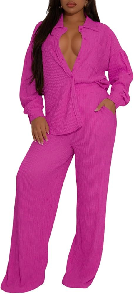 Ophestin Women 2 Piece Dressy Outfits Casual Pleated Long Sleeve Button Down Shirt Wide Leg Pants... | Amazon (US)