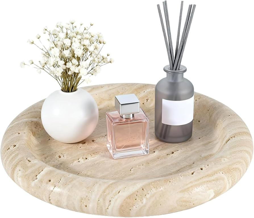 Natural Beige Travertine Vanity Tray - 8 Inch Round Stone Makeup & Jewelry Organizer Dish, Decora... | Amazon (US)