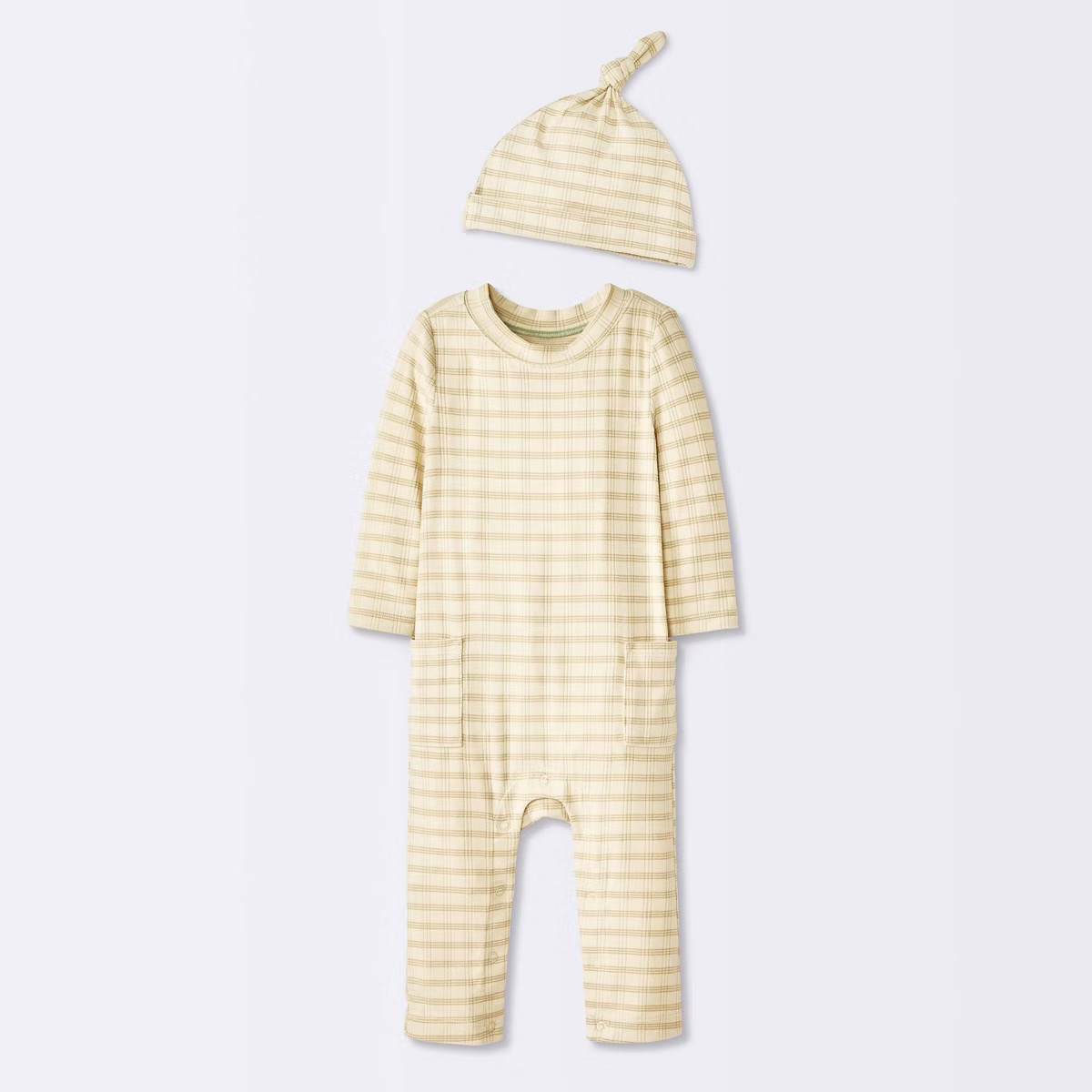 Baby Jacquard Checkered Romper & Hat - Cloud Island™ Tan 18M | Target