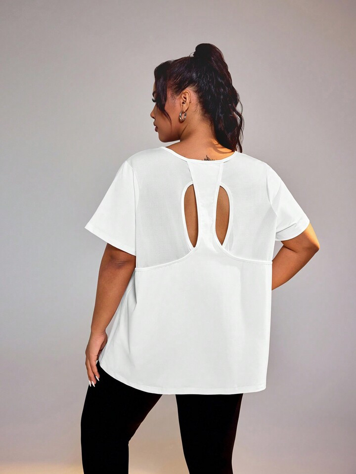 Plus Size Women's Summer Solid Color Hollow Back Short Sleeve Sports T-Shirt | SHEIN USA | SHEIN
