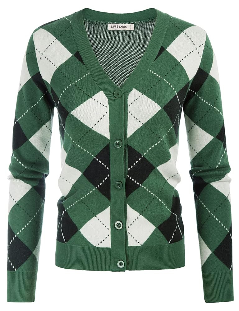GRACE KARIN Womens Cardigan Sweater Fall Long Sleeve Argyle Sweater V Neck Button Up Cardigan Col... | Amazon (US)
