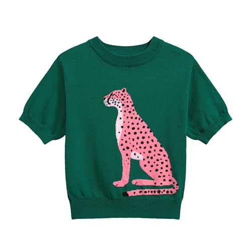 OXKNIT Women's Green Knitted T-Shirt, Retro Animal Pattern Crewneck Cotton Short Sleeve- Cropped Length | Amazon (US)