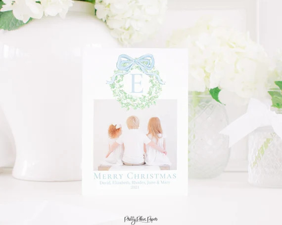 Watercolor Blue Bow & Monogram Wreath Christmas Card with Photo, Digital Download | Printable Hol... | Etsy (US)