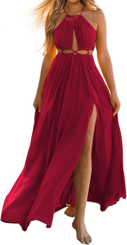 BTFBM Women 2024 Summer Sleeveless Halter Maxi Dress Cutout Backless Slit Boho Party Cocktail Cas... | Amazon (US)