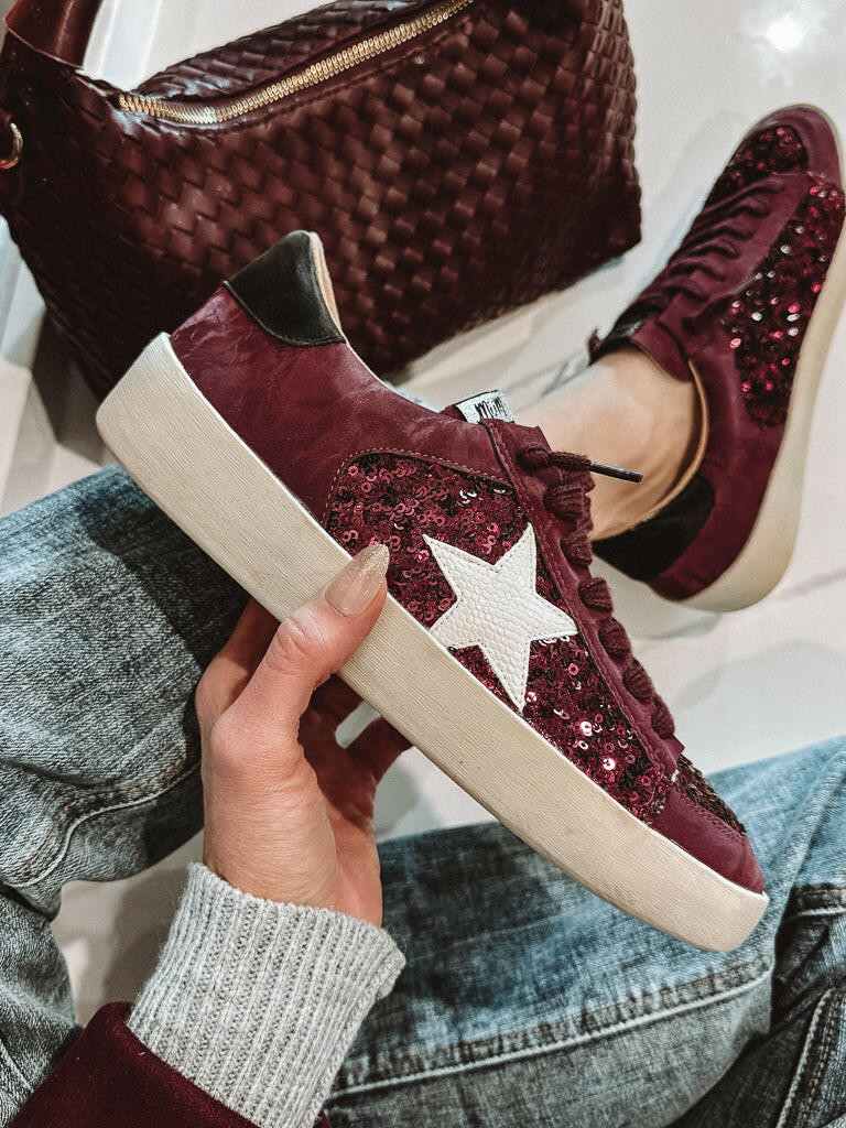 Sneakers with Burgundy Sequin Star Design | Krush Kandy