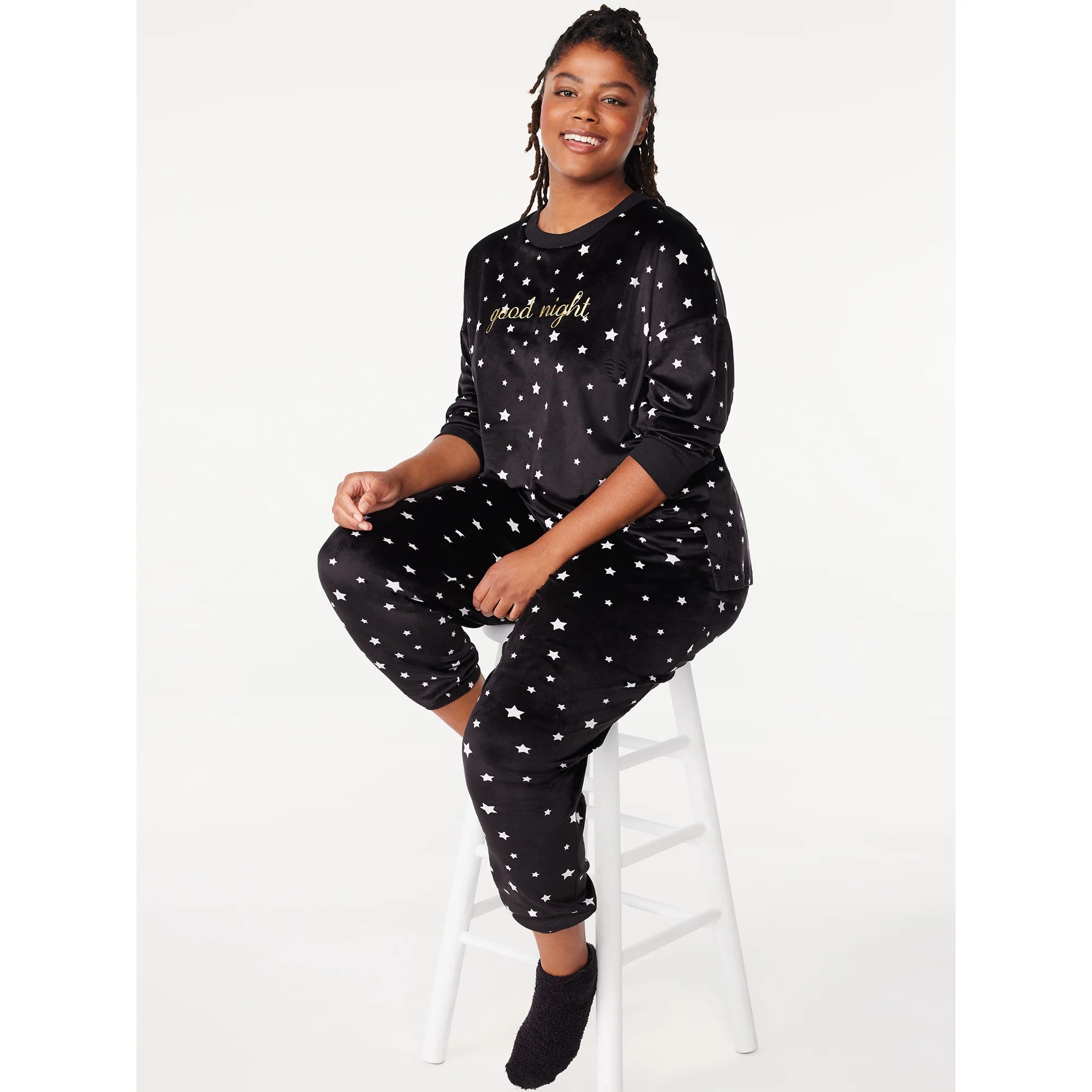 Joyspun Women's Embroidered Stretch Velour Top and Joggers Pajama Set with Socks, 3-Piece, Sizes ... | Walmart (US)